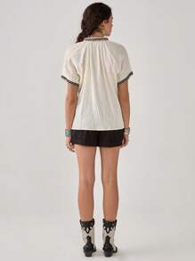 Florisole 女式 V 领无袖刺绣亚麻质感衬衫，波西米亚风格，春夏 - 杏色 - 查看 5