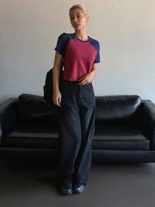 DAZY Camiseta casual de mujer de manga corta, cuello redondo, bloque de color, crop tops de mujer