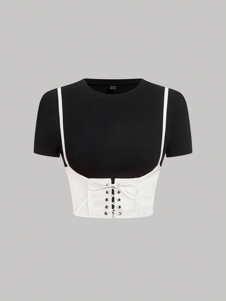 SHEIN MOD 2 In 1 Lace Up Black And White Pu Leather And Different Material Splicing Short-Sleeved Round Neck Tee - Black and White - View 1