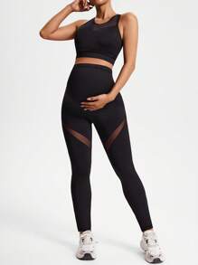 SHEIN Conjunto de 2 piezas de top cropped unicolor con panel de malla y leggings de cintura alta para maternidad, ropa deportiva para yoga y actividades al aire libre