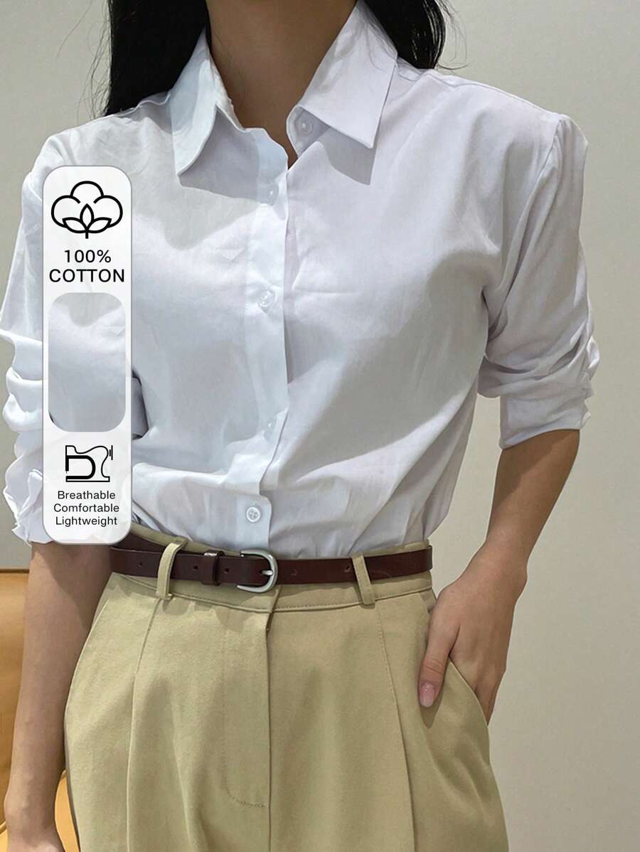 DAZY Solid Button Front Shirt,Long Sleeve Tops - White - View 1