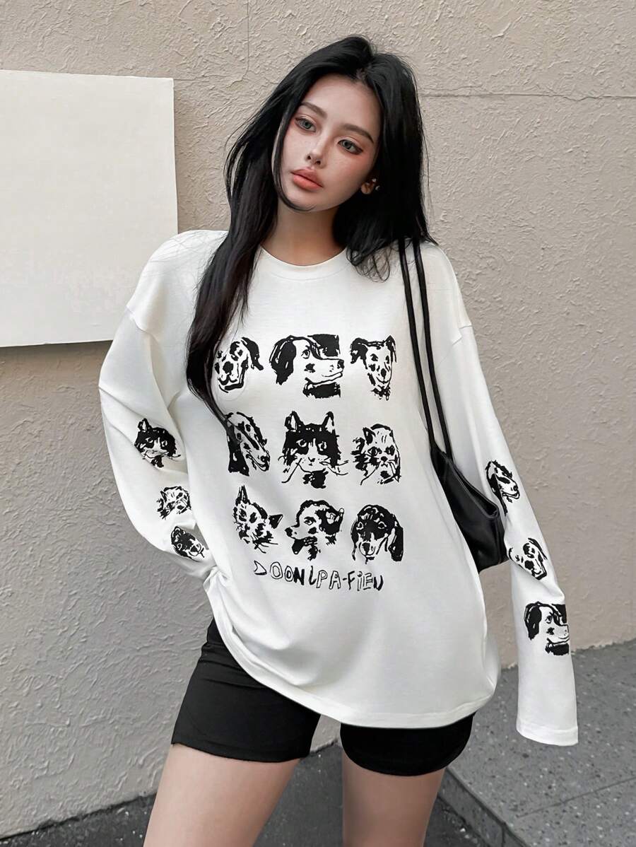 SHEIN EZwear Women's Crew Neck Long Sleeve Animal Print Casual T-Shirt - White - View 1