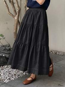 FRIFUL 女士时尚纯色长裙，荷叶边 - 黑色 - 查看 6