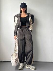 DAZY Conjunto de 2 piezas para mujer con chaqueta y pantalones con pespuntes en contraste, ropa de mujer para otoño - Gris Oscuro - Ver 5