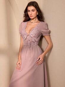 Chiquease Women's Elegant Fitted Contrast Lace Dress - Dusty Pink - View 5