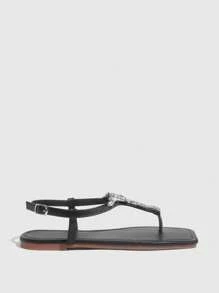 CUCCOO SZL Women's Red Fashionable Metal Buckle Flat Sandals - Black - View 2