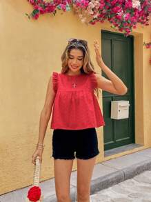 Chiquease 镂空荷叶边休闲衬衫，红色上衣 - 紅色 - 查看 5