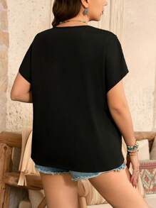 SHEIN LUNE SHEINLUNE 加大码女式亮片拼布黑色针织 T 恤女式春季夏季女式夏季复活节女式西部装女式上衣 - 黑色 - 查看 2