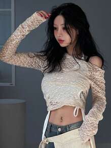 DAZY 女士蕾丝透视斜肩衬衫，春夏季节日长袖女士上衣，秋季女士服装 - 杏色 - 查看 6