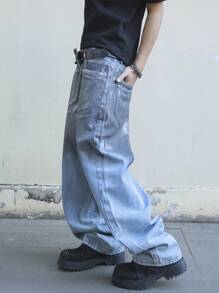 Manfinity EMRG Men's Fashionable Metallic Washed Straight-Leg Baggy Jeans - Light Wash - View 3