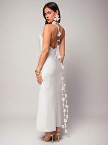 Silquee 初春夏纯白色纯情情人性感优雅细肩带鱼尾露背3D花卉不对称缎带性感连衣裙适合鸡尾酒会，浪漫约会，派对，正式聚会，伴娘服，夜间外出，圣诞礼服，超长连衣裙