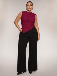 SHEIN BAE 加大码女式勃艮第高街风格圆领褶皱不对称下摆无袖上衣，适合日常穿着、夜间外出、约会、派对、下午茶、音乐会 - 酒紅色 - 查看 1