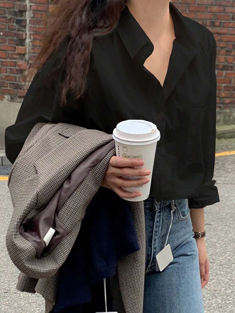 Casual Solid Color Long Sleeve Shirt, Autumn