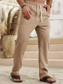 Manfinity RSRT Men's Solid Color Front Laced Pocket Casual Pants, Simple Daily Wear - Khaki - View 1