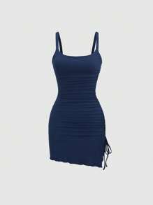 Sweetra Rochie midi casual Y2K, sexy, cu tivul asimetric cu cordon