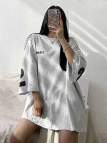 DAZY 女士夏季休闲字母印花T恤，圆领蝙蝠袖，秋季服装图案T恤 - 淺灰色 - 查看 5