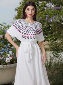 Mulvari Elegant Embroidered Women's Long Dress, Casual And Fashionable For Everyday Wear