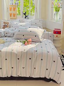 3pcs Minimalist Solid Color & Heart Multicolor Line Print Duvet Cover Set (1 Duvet Cover + 2 Pillowcases, Without Inserts), Soft & Comfortable, Machine Washable