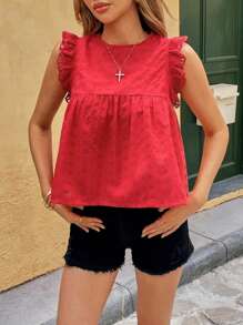 Chiquease 镂空荷叶边休闲衬衫，红色上衣 - 紅色 - 查看 3