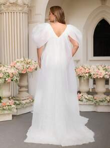SHEIN Belle Vestido de novia elegante y romántico, de talla grande, con cuello en V, mangas abultadas, lazo y cola, de encaje blanco vintage