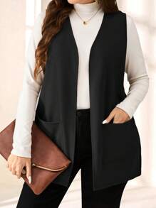 SHEIN PETITE CURVE Abrigo sencillo y casual de unicolor sin mangas y holgado con bolsillo, para primavera/verano, vacaciones en otoño/invierno, primavera, Día de San Valentín, graduación para la madre, color negro, con bolsillo - Negro - Ver 6