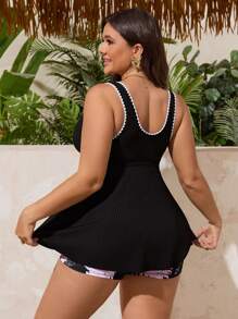 Swim Lushoire 2pcs Plus Size Women Black Knit Floral Random Print Plus Size Bralette Style Bikini For Summer Beach Vacation