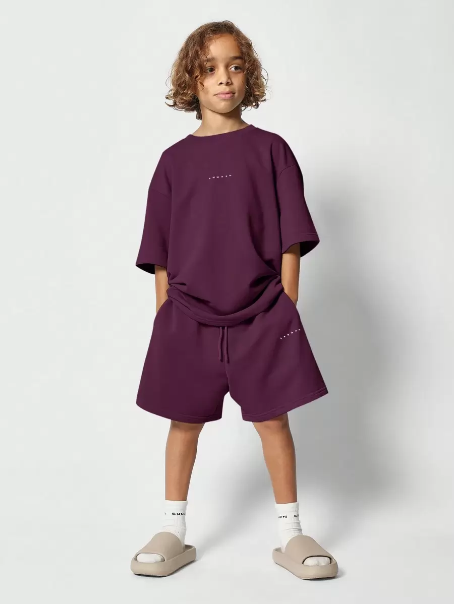 SUMWON Youth Oversized Premium Two-Piece Set Streetwear Athletic Activewear Matching Coords Drawstring Shorts Training Casual Outfit Summer Spring Fall Season - Burgundy - View 1