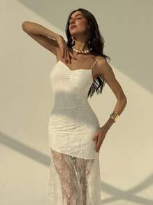 Aloruh Vestido de novia de encaje blanco con volantes ajustados hasta el piso, sin mangas, para primavera/verano - Blanco - Ver 2