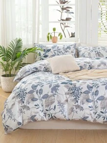 3 pièces/Set Ensemble de housse de couette à motif floral de feuilles (1 housse de couette et 2 taies d'oreiller). Ensemble de literie doux et agréable à la peau pour toutes les saisons.