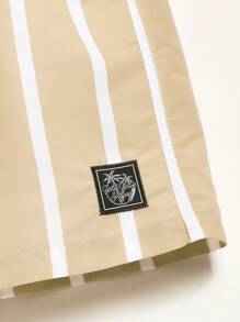 Manfinity KASUA 男士休闲条纹抽绳腰沙滩短裤 - 卡其色 - 查看 5