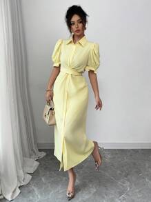 Elenzga Đầm thời trang phong cách Pháp thanh lịch, cổ tròn, buộc chéo, tay bồng, hở phía trước, màu hoa mao lương, dành cho nữ, mùa xuân/hè - Màu vàng - Xem 3