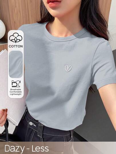 Dazy-Less 女士夏季短袖T恤，心形刺绣，圆领商务休闲女士工作服