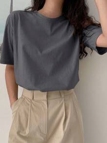 DAZY 纯色落肩T恤夏季商务休闲女式学院风上衣 - 灰色 - 查看 5