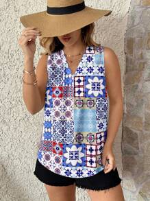 Glamance Pamile Women Blue Plus Size Blouses Sleeveless V Neck Boho All Over Print,Floral,Plain, Summer Outfits For Women Summer Tops Going Out
