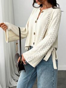 EURMUSE Women Button Front Cut Out Tie Detailed Spring Cute Cardigan - Cream - View 1