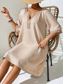 Women Apricot V-Neck Casual Top With Woven Trim, Spring/Summer - Apricot - View 6