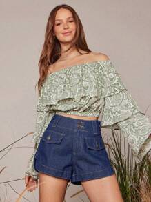 WESTFADE High Rise Faux Flap Pockets A Line Denim Split Hem Western Cowgirl Short