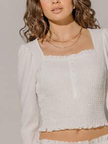 Aralina Boho Festival White Lace Textured Square Neck Shirred Long Sleeve Top - White - View 4