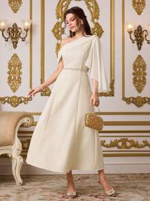 Modelyn Elegant Women's Banquet Apricot Skew-Shoulder Chiffon Lotus Sleeve Dress,Autumn Wedding Guest Dining Festival Clothes,Old Money Modest Summer Gown - Apricot - View 9