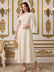 Modelyn Elegant Women's Banquet Apricot Skew-Shoulder Chiffon Lotus Sleeve Dress,Autumn Wedding Guest Dining Festival Clothes,Old Money Modest Summer Gown - Apricot - View 7