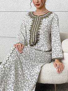 Yasmyna Embroidered Mini Ditsy Floral Ladies Dress, Turkish And Arabic Traditional Long Robe, Modest Kaftan - Multicolor - View 1