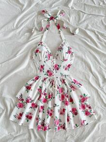 Soleia Đầm mùa hè giản dị in họa tiết hoa hồng màu nước xanh trắng cổ điển dành cho nữ, trang trí lãng mạn, thích hợp cho kỳ nghỉ, tốt nghiệp, đám cưới, giáng sinh, váy chống nắng - Hồng - Xem 4