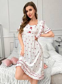 可爱樱桃印花拼布荷叶边下摆女式睡裙 - 白色 - 查看 6