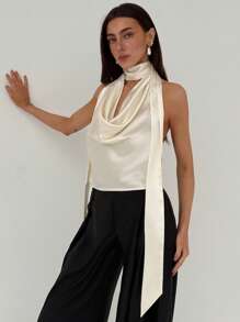 Aloruh 女士杏色优雅女神伴娘婚礼派对约会浪漫度假飘逸深V露背性感上衣，夏季 - 杏色 - 查看 6