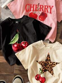 SHEIN Leap Crew Tween Girls' Casual Cute Cherry, Leopard & Star Print Cartoon Graphic T-Shirts, Suitable For Summer - Multicolor - View 3