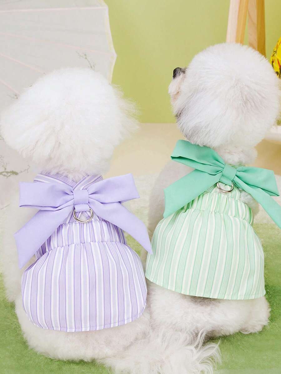 PETSIN Vestido a rayas con decoración de moño azul, elegante y delicado, apropiado para mascotas pequeñas, para primavera/verano - Azul - Ver 1
