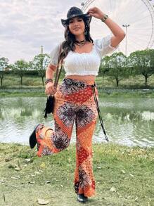 Flirla 大码度假休闲拼布印花喇叭裤 - 彩色 - 查看 3