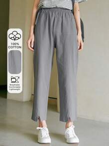 DAZY Solid Elastic Waist Trousers - Grey - View 1