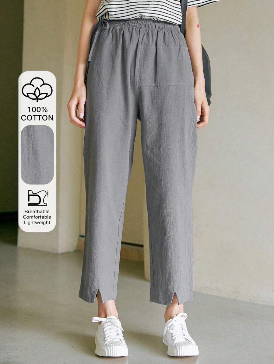 DAZY Solid Elastic Waist Trousers - Grey - View 1
