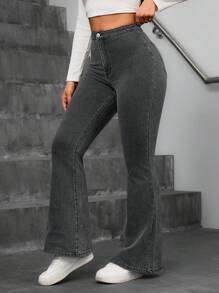 SHEIN ICON 女士休闲百搭喇叭牛仔裤 - 黑色 - 查看 5